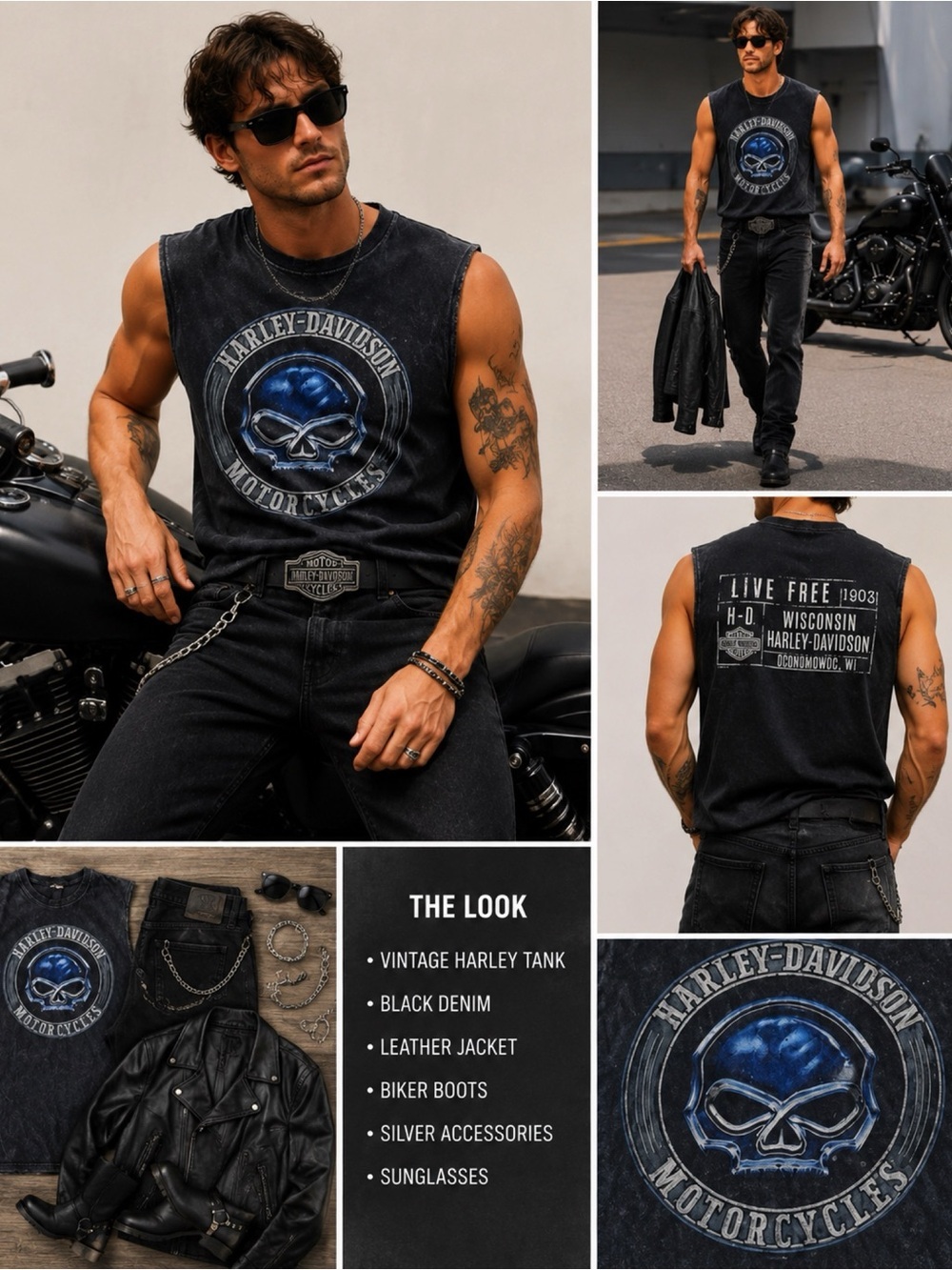 HARLEY DAVIDSON Men’s Black Skull Graphic Acid Wash Tank Top